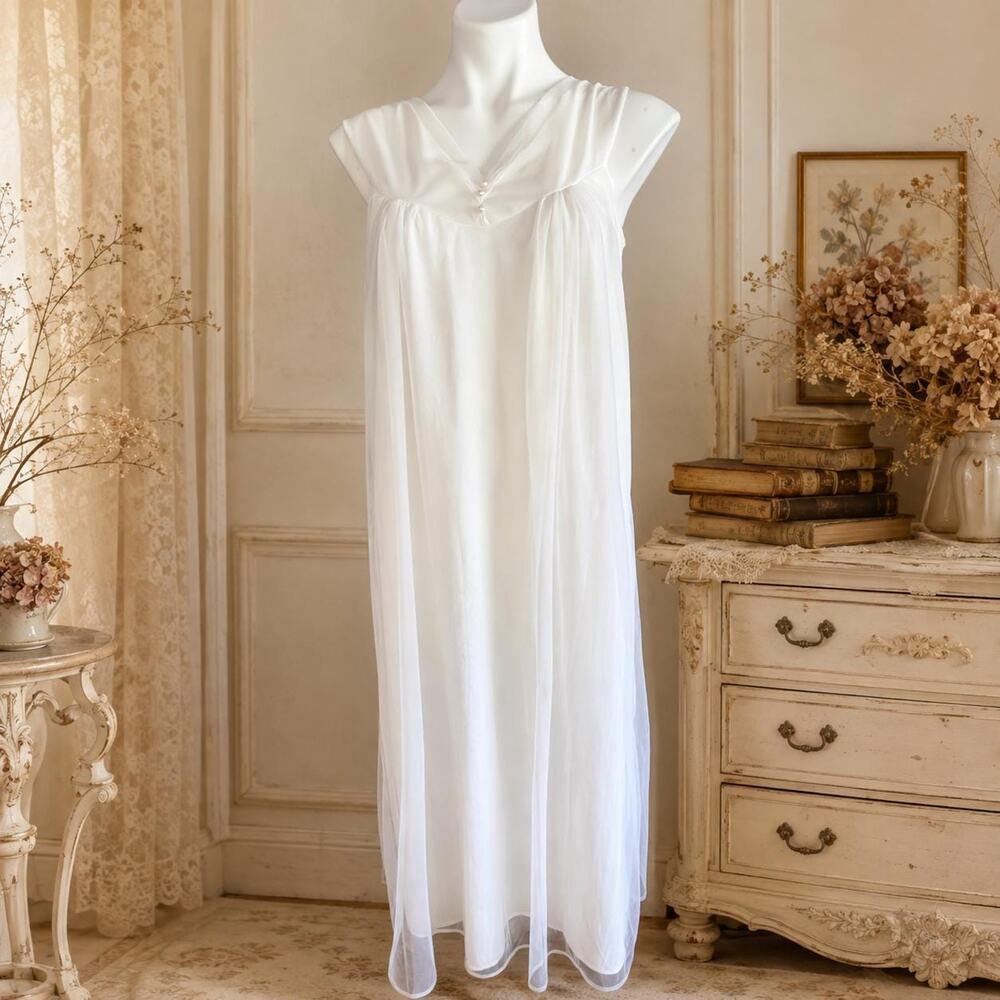 Vintage Jenne Marie Nylon Nightgown 1970s Pearl Button Empire Chiffon White S